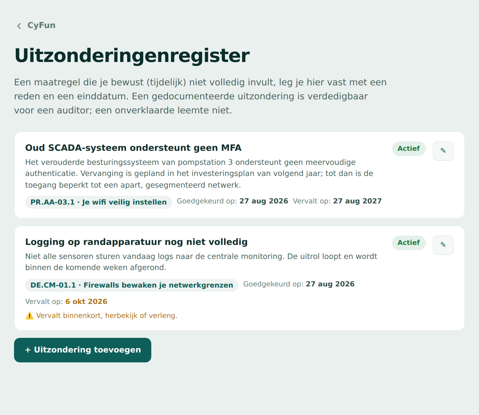 Een uitzonderingenregister met twee vastgelegde uitzonderingen