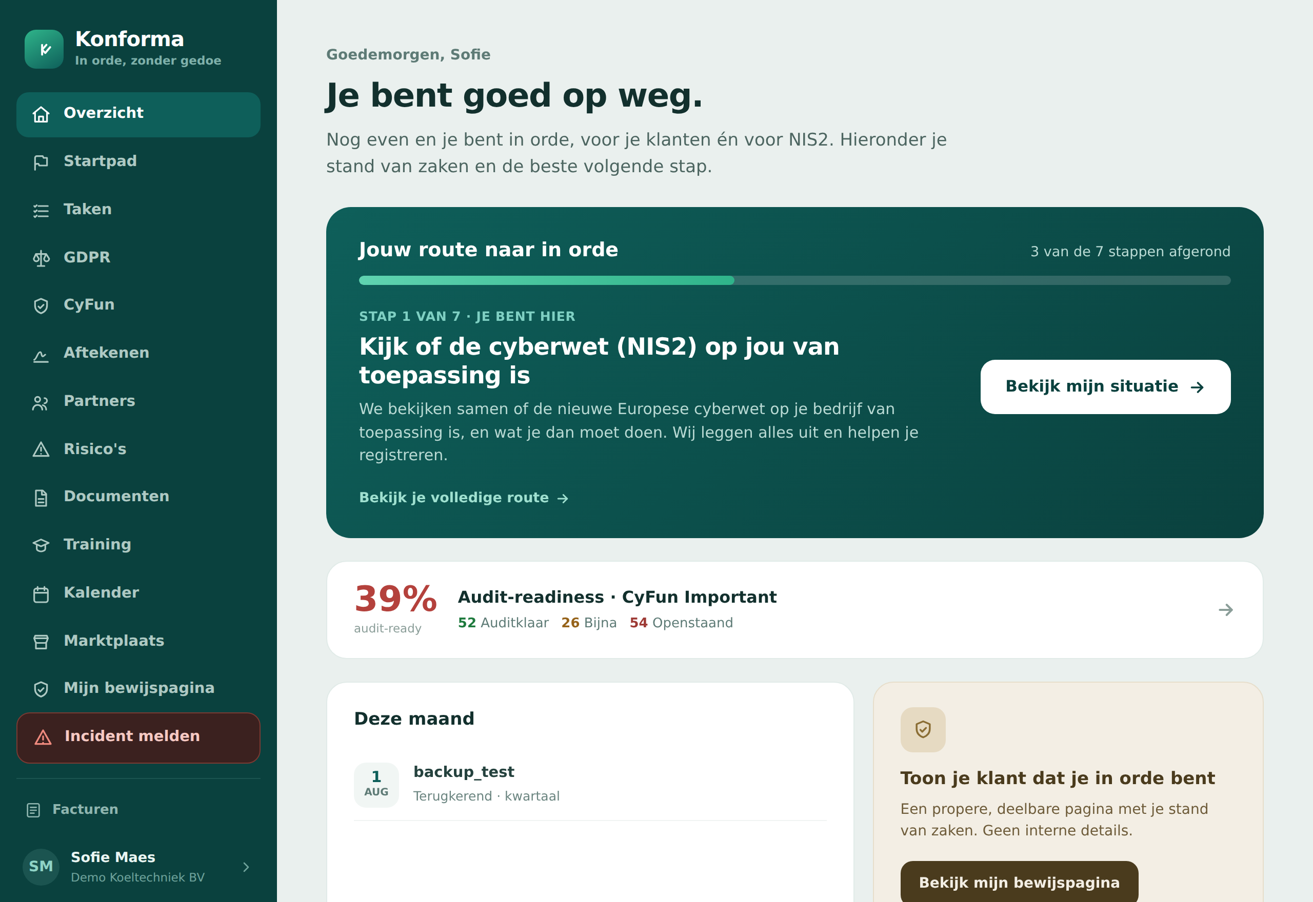 Het Konforma-dashboard met je GDPR- en CyFun-voortgang